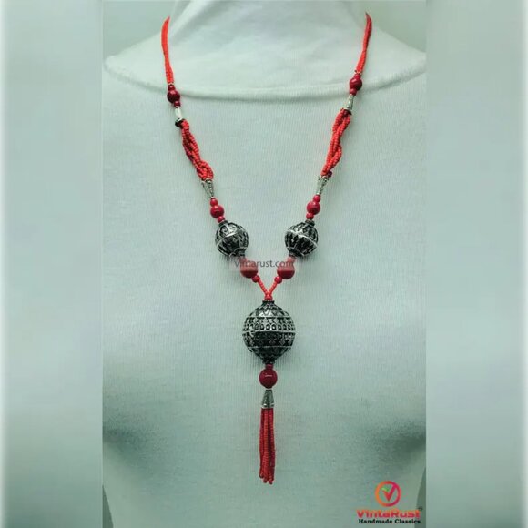 Handmade Red Beaded Necklace with Tribal Tassel Pendant, Beaded Chain Necklace - Picture 4 of 13
